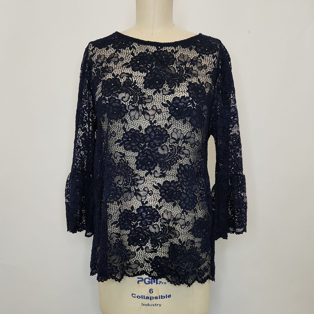 Ginger G Lace Blouse Scallop Edge Large Blue Bell Sleeve Sheer Stretch